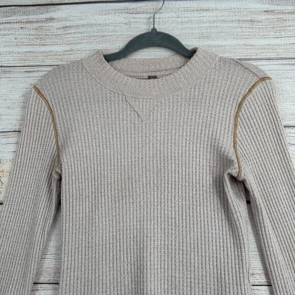 Free People Waffle Knit Lace Up Wrist BOHO Thermal Shirt Womens Small Oatmeal - Picture 3 of 10